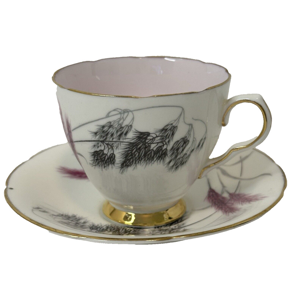 Old Royal 3647 Bone China Footed cup & Saucer Lavender And Gray Floral Scalloped